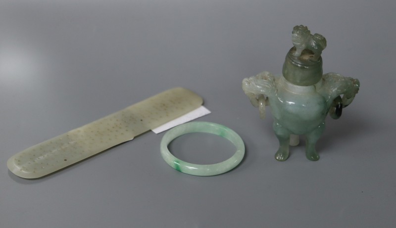 A Chinese pale celadon jade plaque, a jadeite censer and a bangle, largest 12.5cm